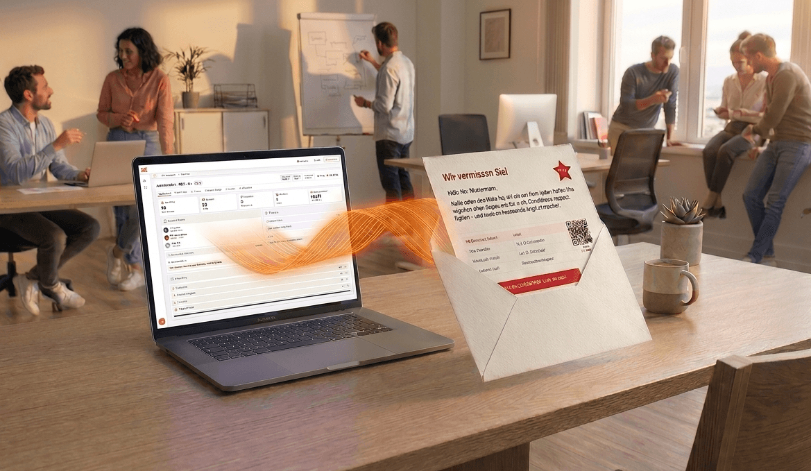 AutoLetter Printmailing-Software: Dashboard mit personalisiertem Werbebrief auf Schreibtisch im modernen Büro